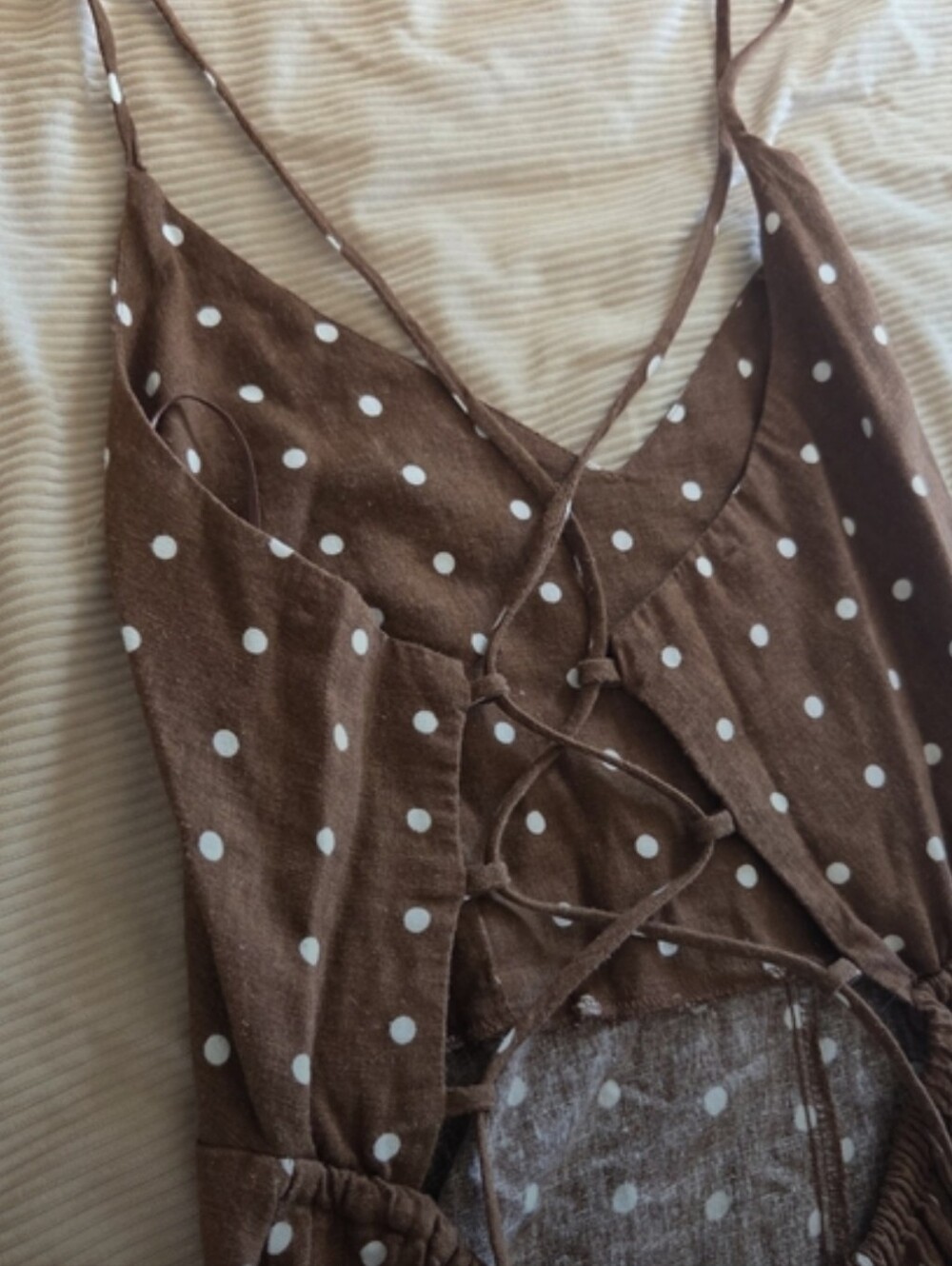 Brown Polka Dot Lace-Up Back Midi Dress - Picture 5 of 5